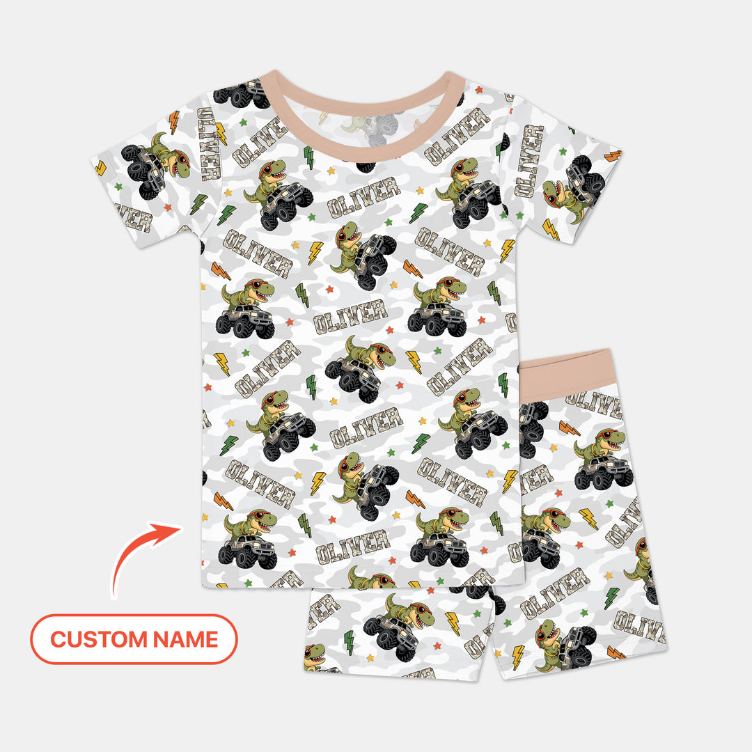 Custom Name Camo Trucker Dino Two Piece Short Sleeve Shorts Pajama Set