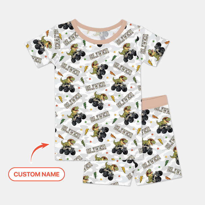 Custom Name Camo Trucker Dino Two Piece Short Sleeve Shorts Pajama Set