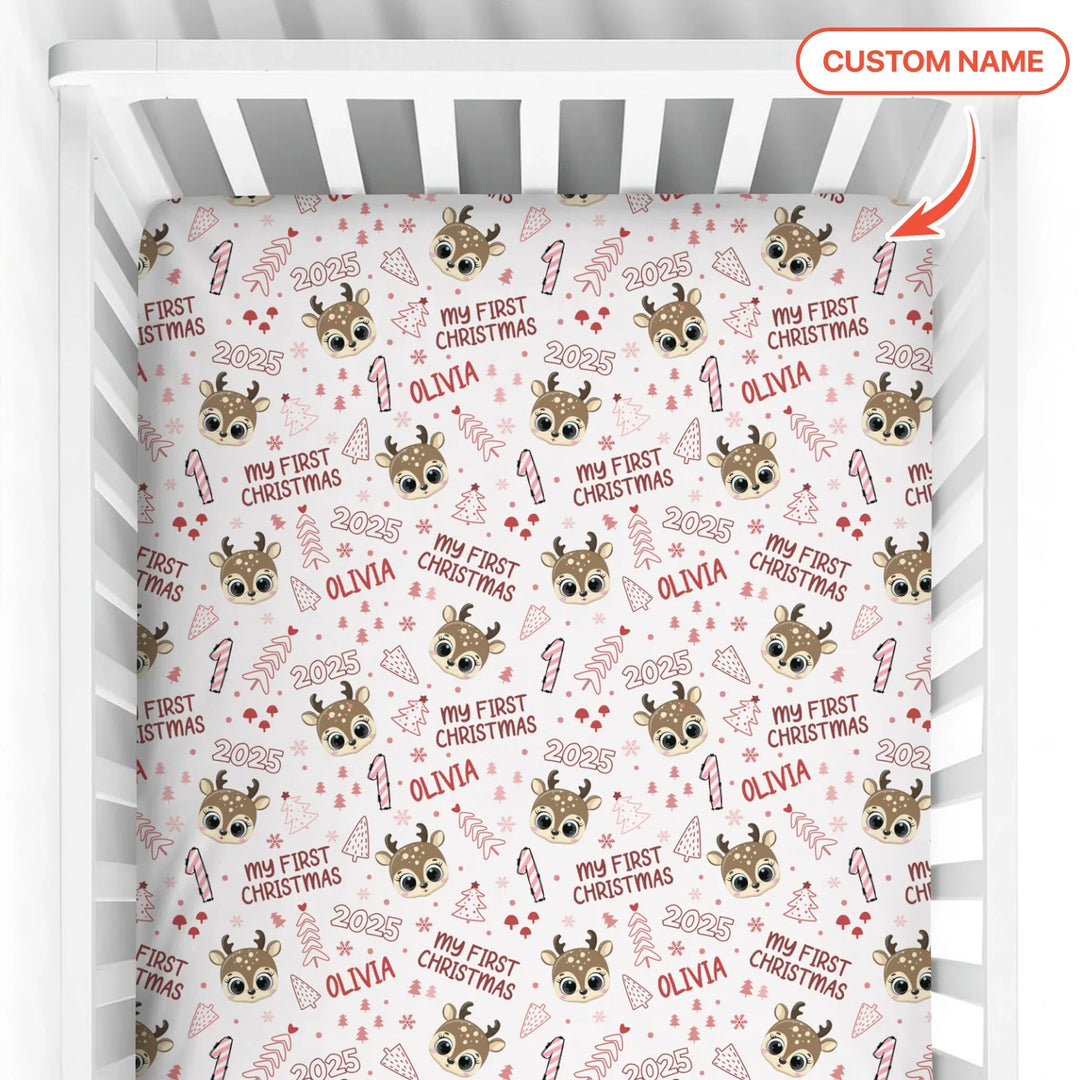Custom Name Cute Reindeer My First Christmas Fitted Crib Sheet