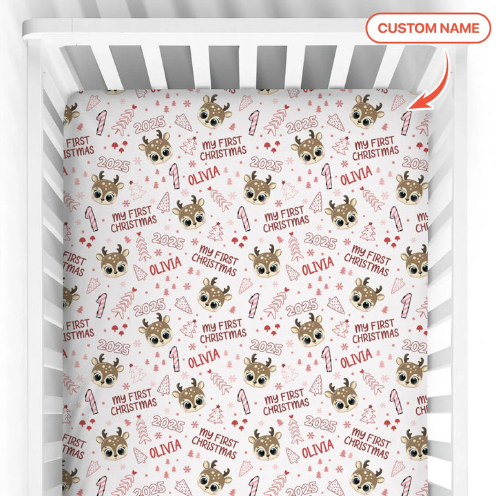 Custom Name Cute Reindeer My First Christmas Fitted Crib Sheet