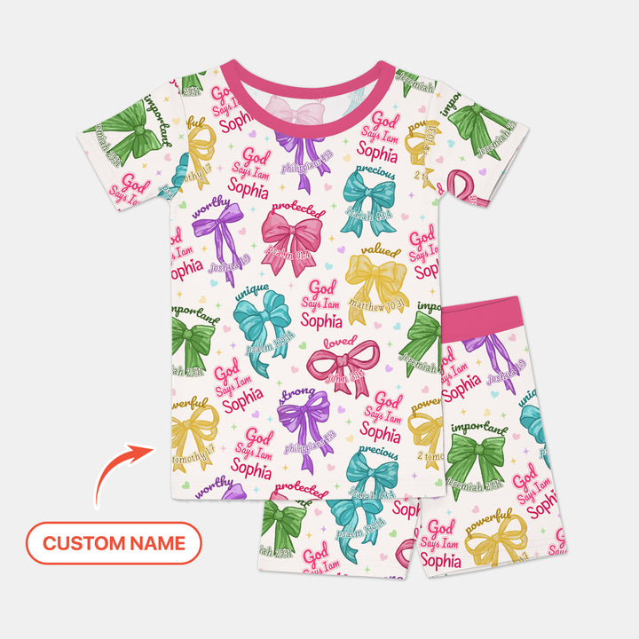 God Says I Am Bow Blessings Custom Name Two Piece Short Sleeve Shorts Pajama Set