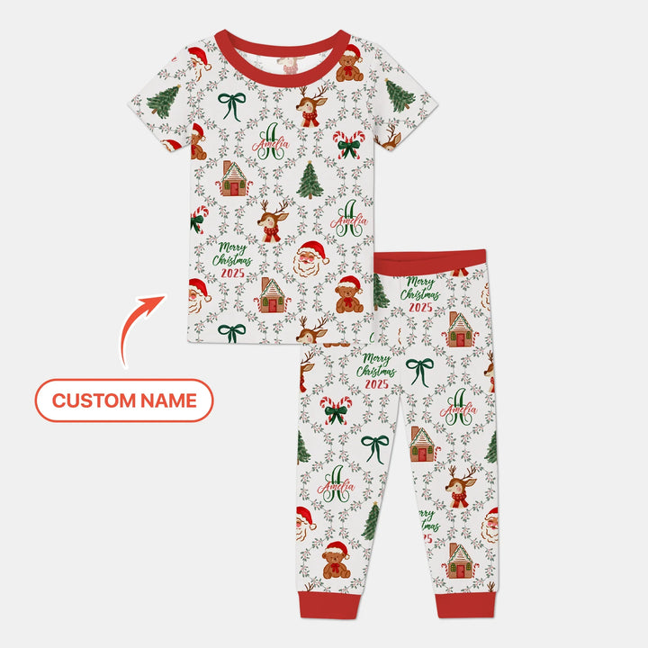 Custom name "Fancy Monogram Red Christmas 2025" Two Piece Short Sleeve Pajama Set