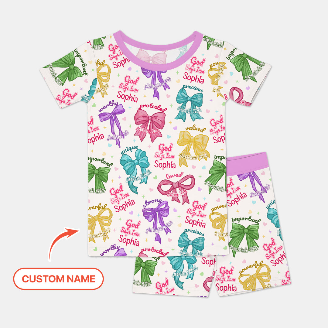 God Says I Am Bow Blessings Custom Name Two Piece Short Sleeve Shorts Pajama Set