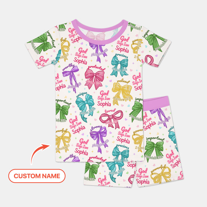 God Says I Am Bow Blessings Custom Name Two Piece Short Sleeve Shorts Pajama Set