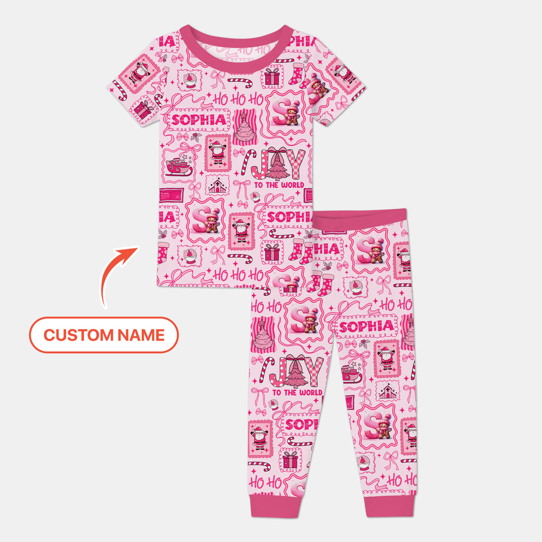 Custom Name Preppy Pink Christmas Two Piece Short Sleeve Pajama Set