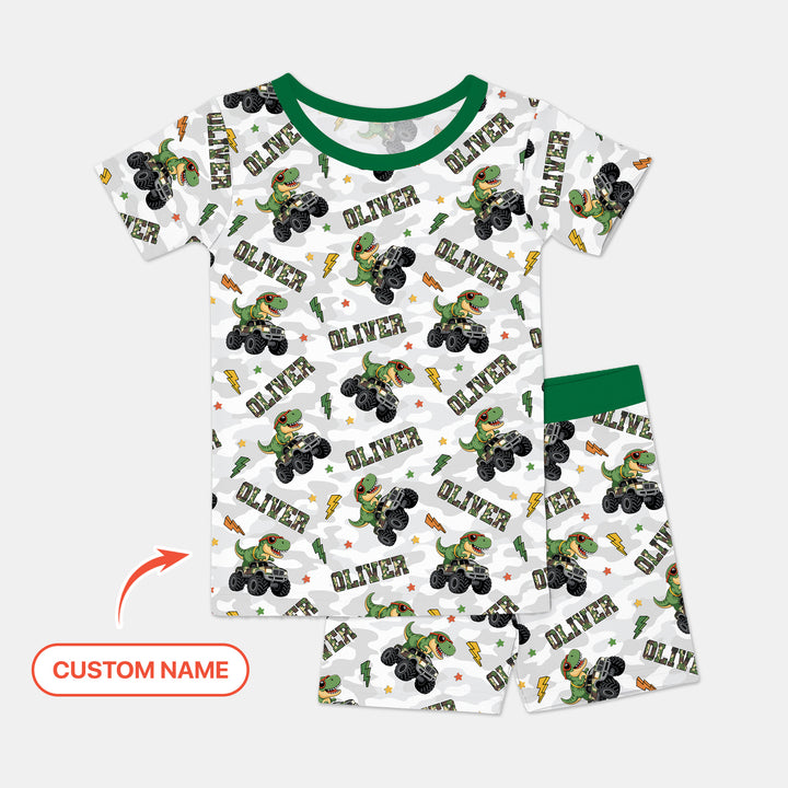 Custom Name Camo Trucker Dino Two Piece Short Sleeve Shorts Pajama Set
