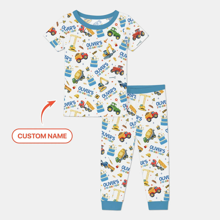 Custom Name Little Builder's Birthday Two Piece Short Sleeve Pajama Set