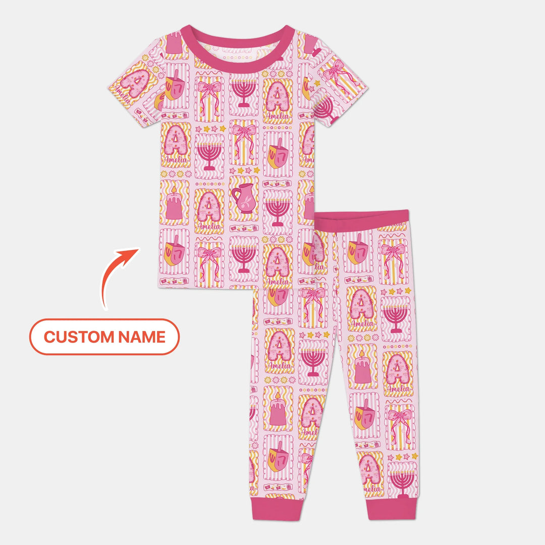Custom Name Hanukkah Wonderland Two Piece Short Sleeve Pajama Set