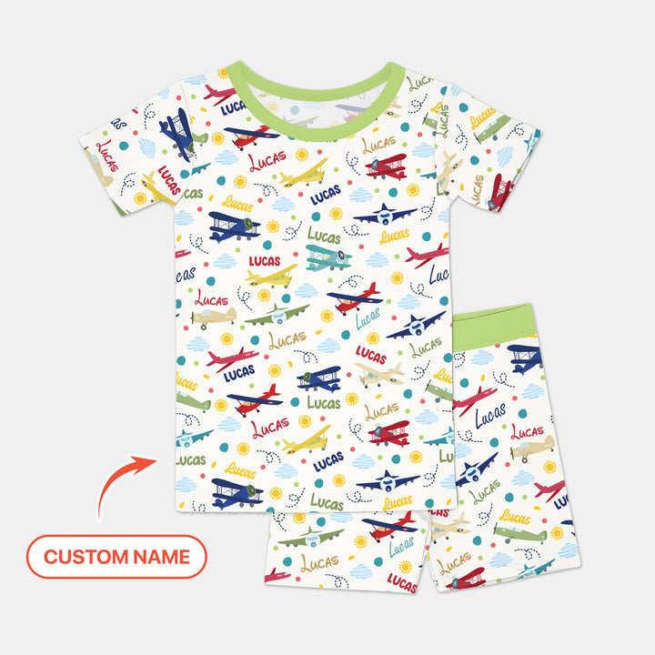 Custom Name Air Transport Two Piece Short Sleeve Shorts Pajama Set