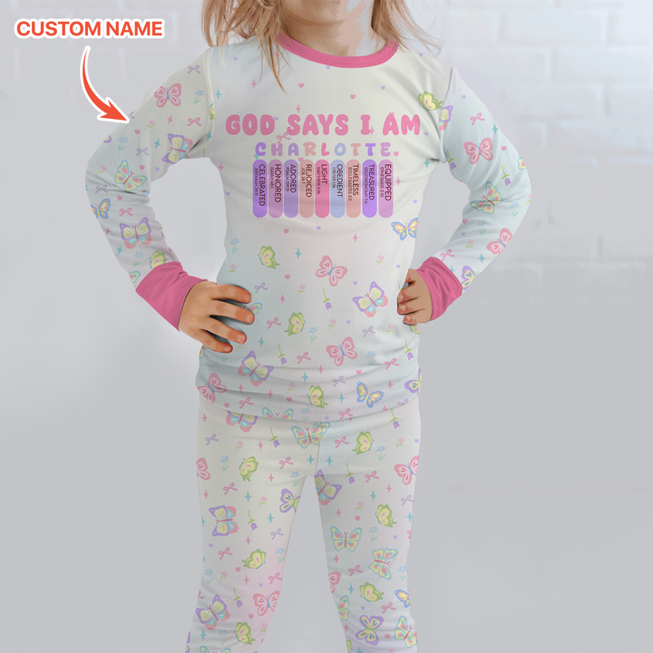 Personalized Butterfly Blessings God Says I Am Two Piece Long Sleeve Pajama Set