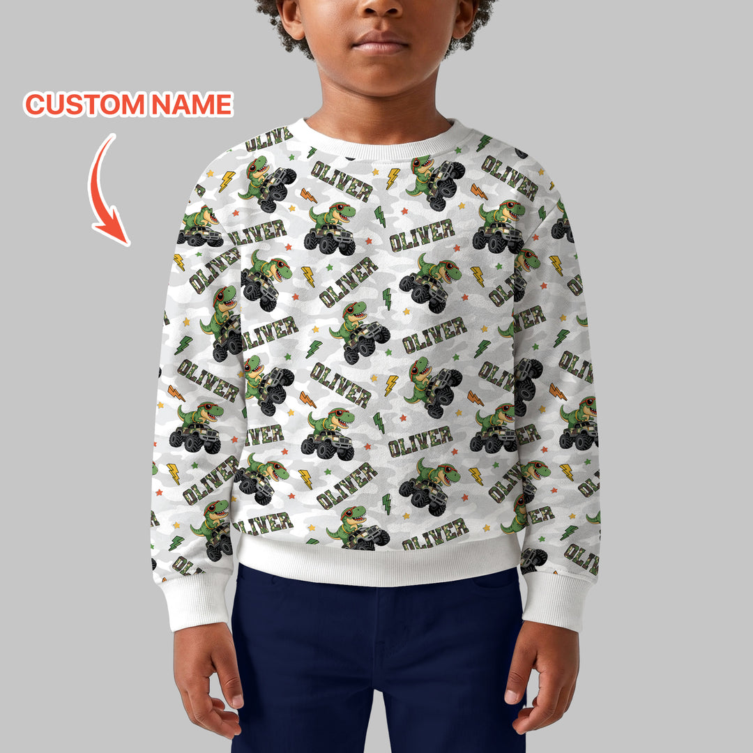 Custom Name Camo Trucker Dino Crewneck Sweatshirt