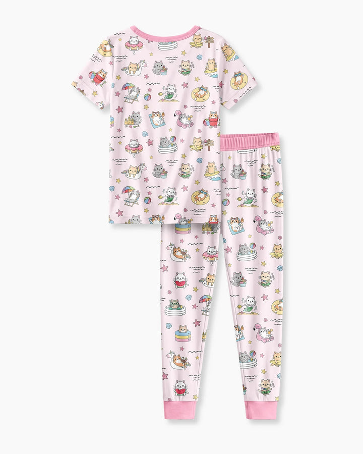 Kawaii Cats Summer Vacation Bamboo Two Piece Short Sleeve Pajama Set