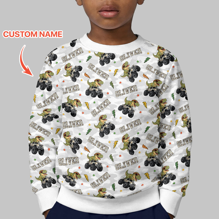 Custom Name Camo Trucker Dino Crewneck Sweatshirt