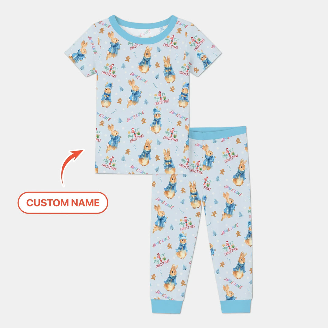 Custom 1st Christmas Rabbit Two Piece Short Sleeve Pajama Set , Custom 1st Christmas Rabbit Two Piece Short Sleeve Pajama Set - 12-18M