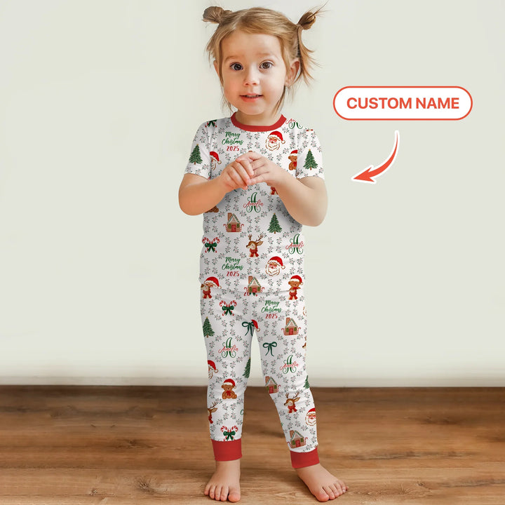 Custom name "Fancy Monogram Red Christmas 2025" Two Piece Short Sleeve Pajama Set