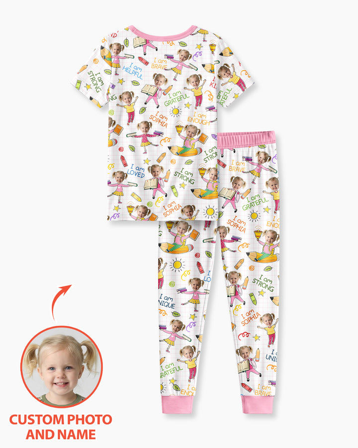 Custom Photo Kid Affirmations I Am Kind Bamboo Two Piece Short Sleeve Pajama Set