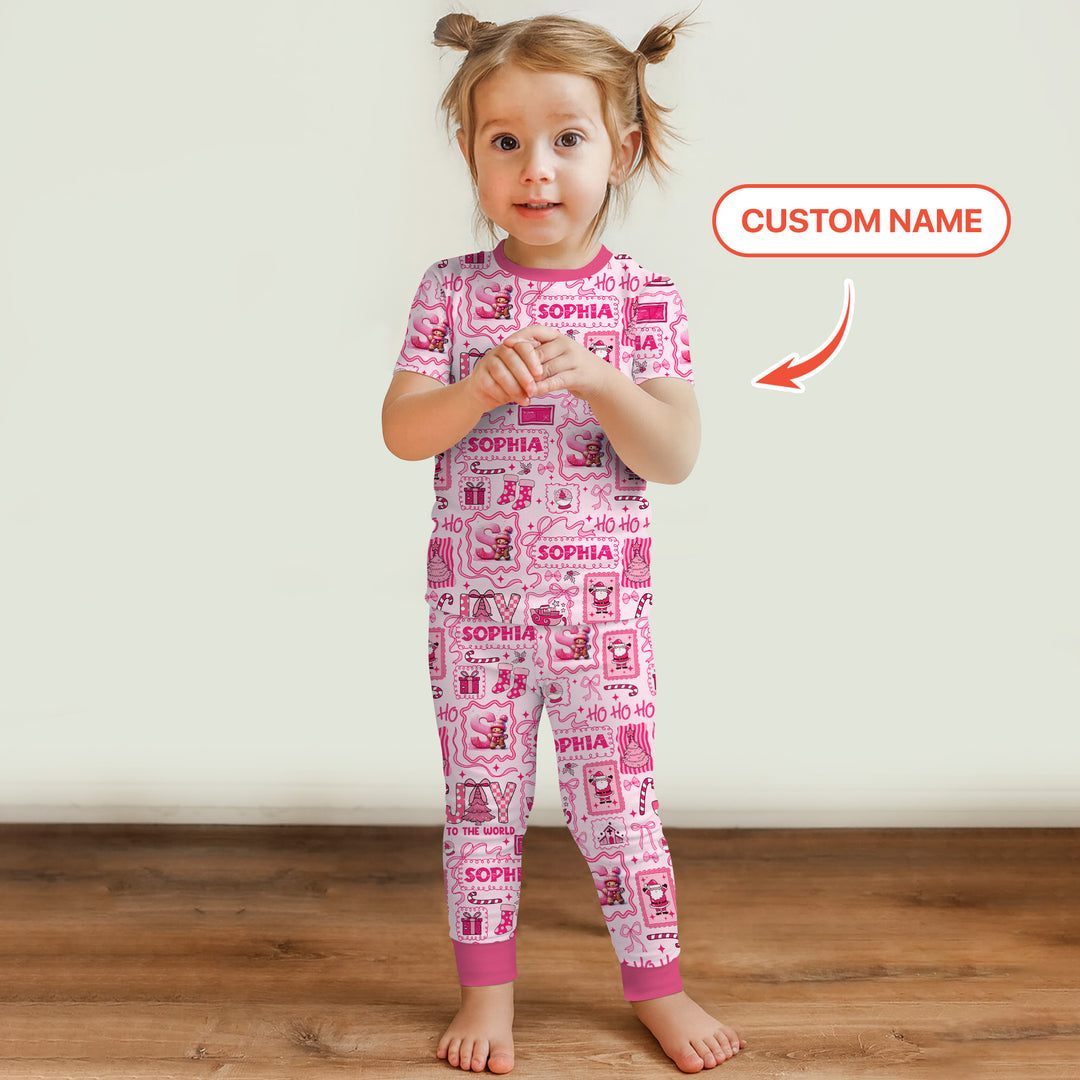 Custom Name Preppy Pink Christmas Two Piece Short Sleeve Pajama Set