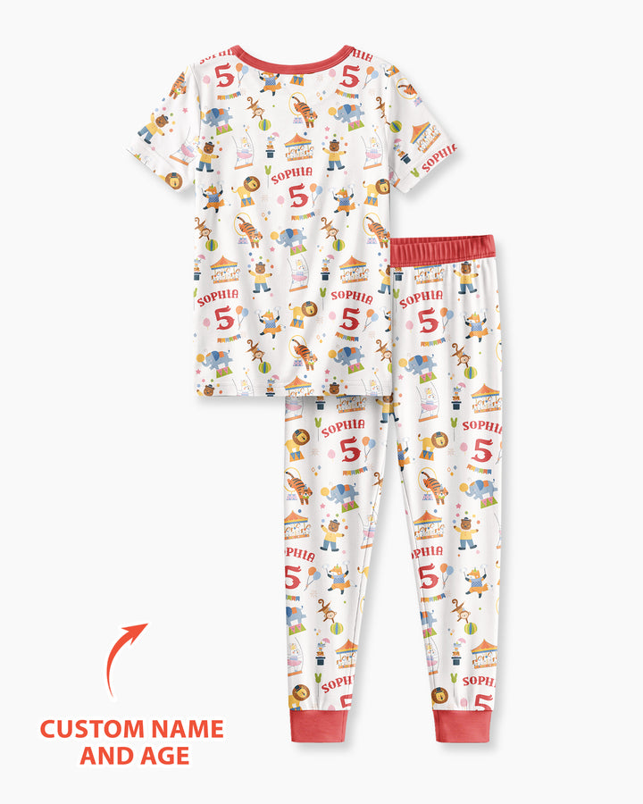 Custom Name Birthday Circus Bamboo Two Piece Short Sleeve Pajama Set