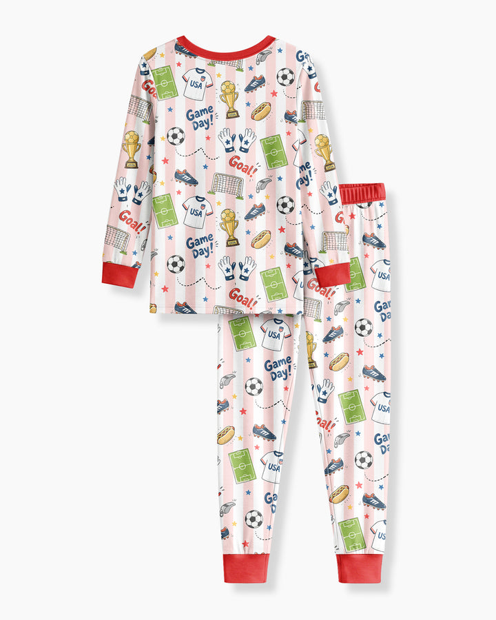 Striped Soccer Game Day Family Matching Bamboo Two Piece Long Sleeve Pajama Set