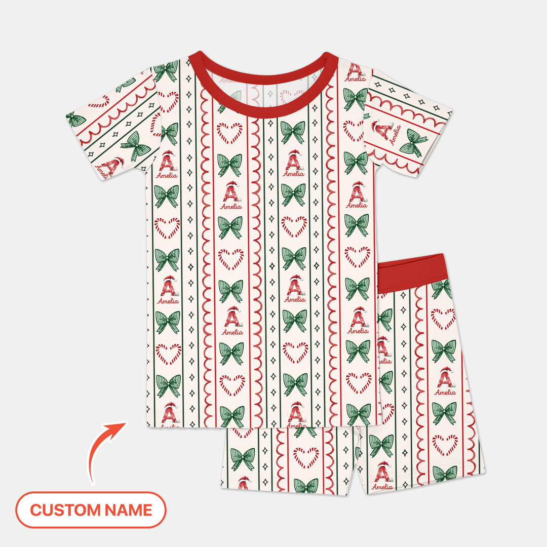 Custom Name Christmas Stripes Two Piece Short Sleeve Shorts Pajama Set