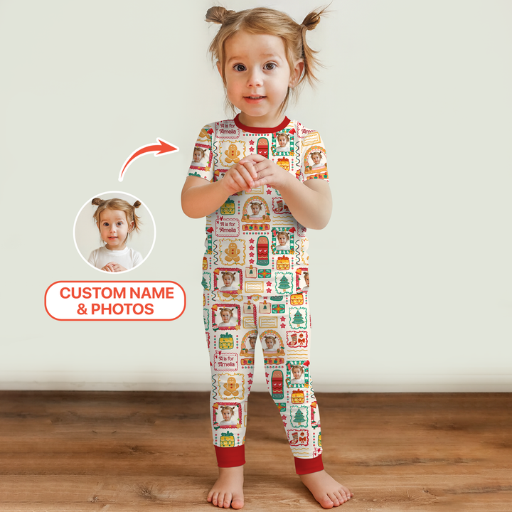 Custom Photo Christmas Frame Custom Name Two Piece Short Sleeve Pajama Set