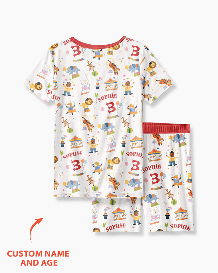 Custom Name Birthday Circus Bamboo Two Piece Short Sleeve Shorts Pajama Set