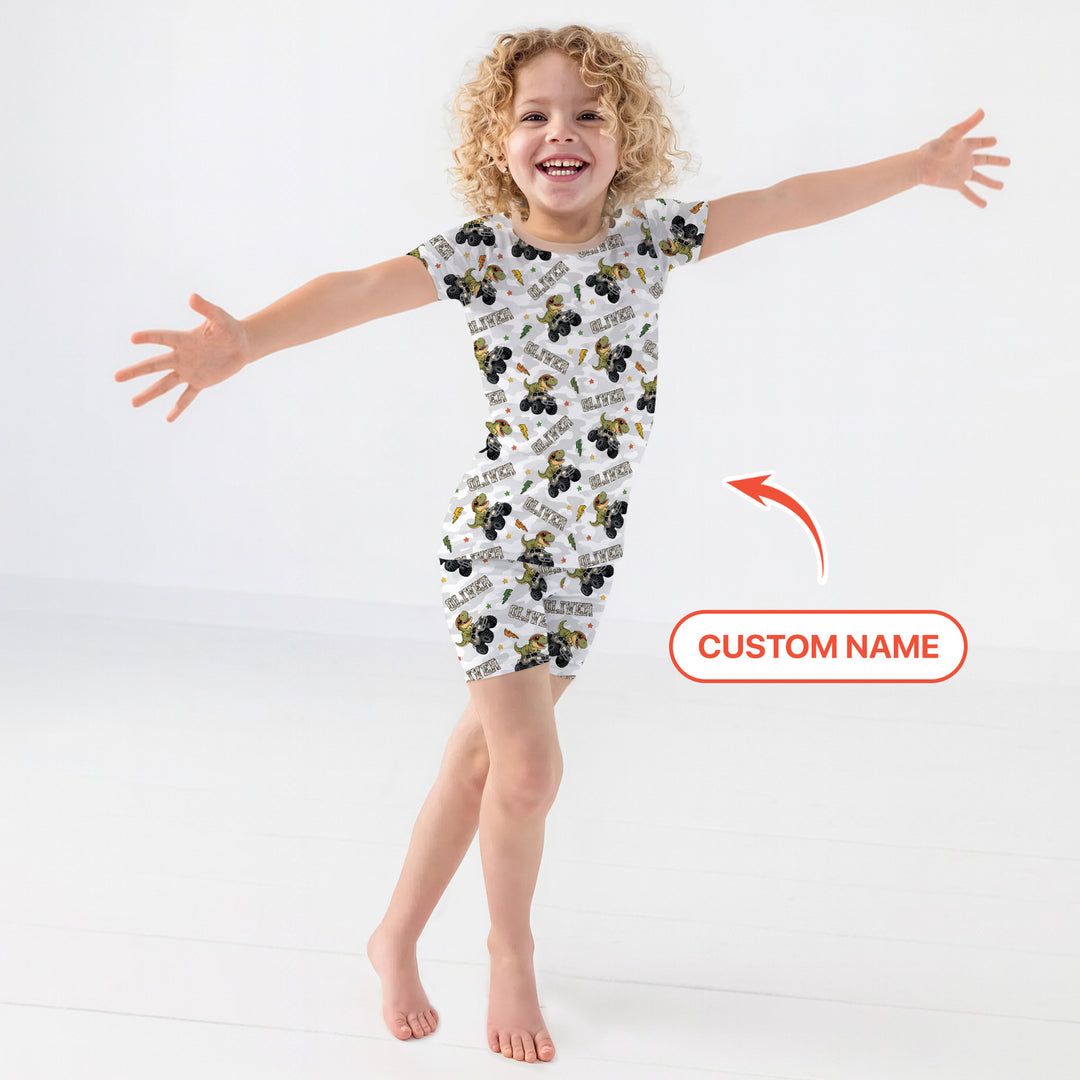 Custom Name Camo Trucker Dino Two Piece Short Sleeve Shorts Pajama Set