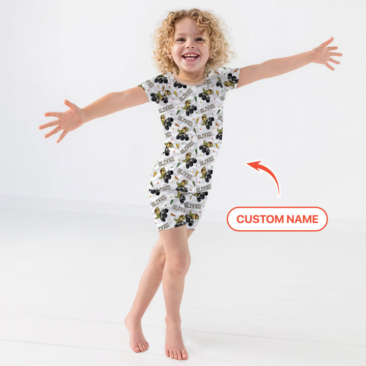 Custom Name Camo Trucker Dino Two Piece Short Sleeve Shorts Pajama Set