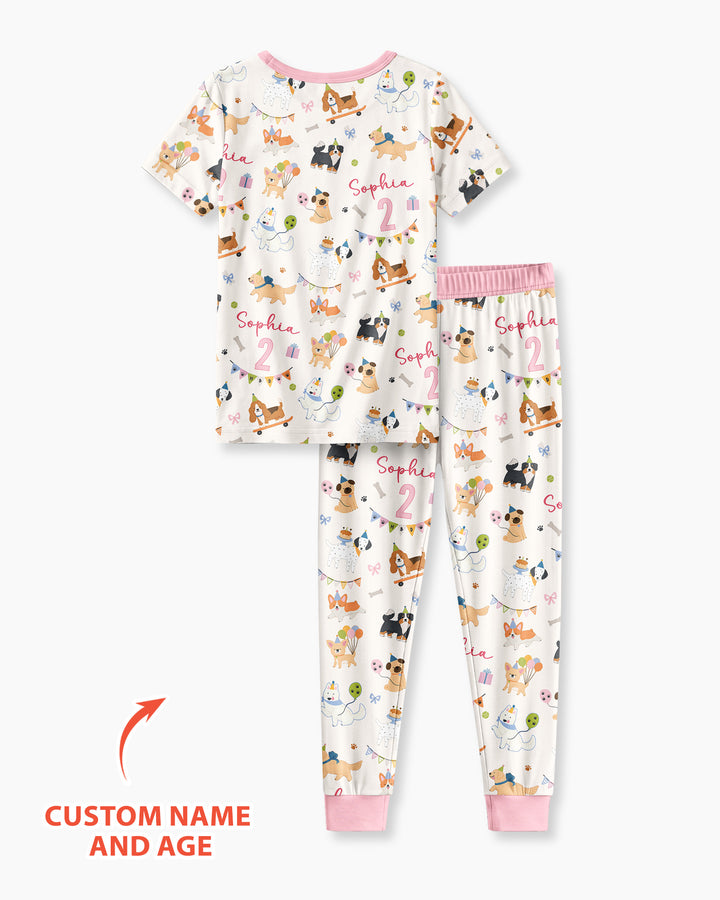 Custom Name Birthday Dogs Party Bamboo Two Piece Short Sleeve Pajama Set