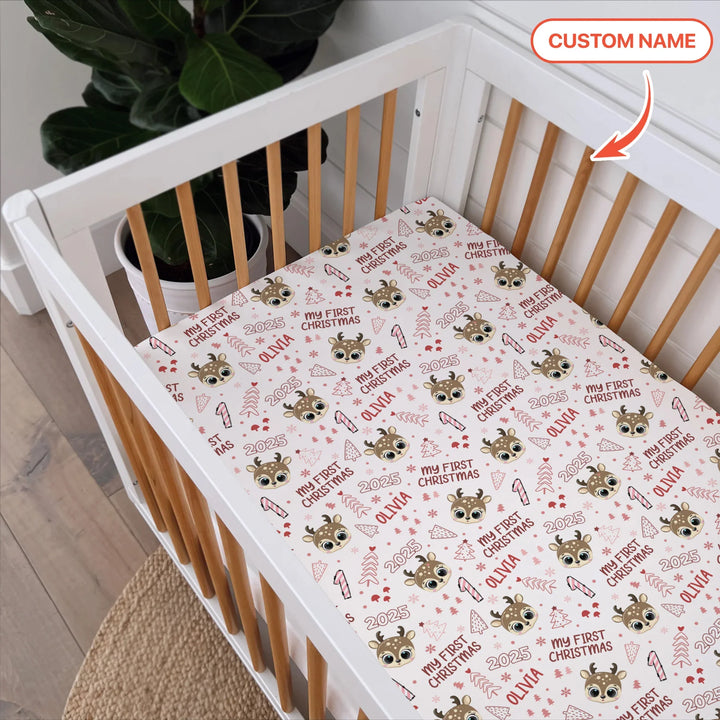 Custom Name Cute Reindeer My First Christmas Fitted Crib Sheet