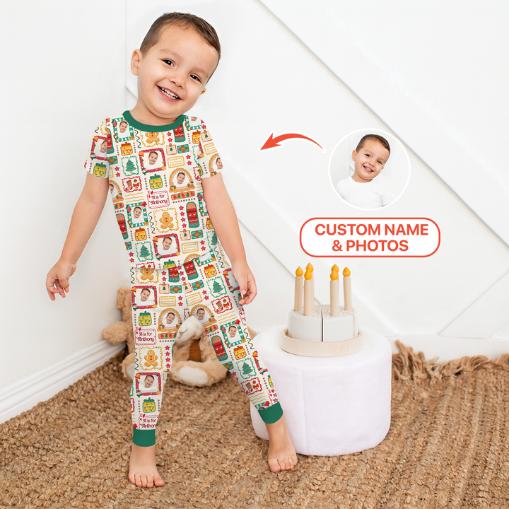 Custom Photo Christmas Frame Custom Name Two Piece Short Sleeve Pajama Set