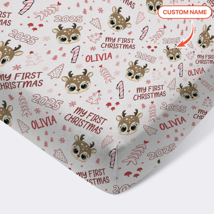 Custom Name Cute Reindeer My First Christmas Fitted Crib Sheet