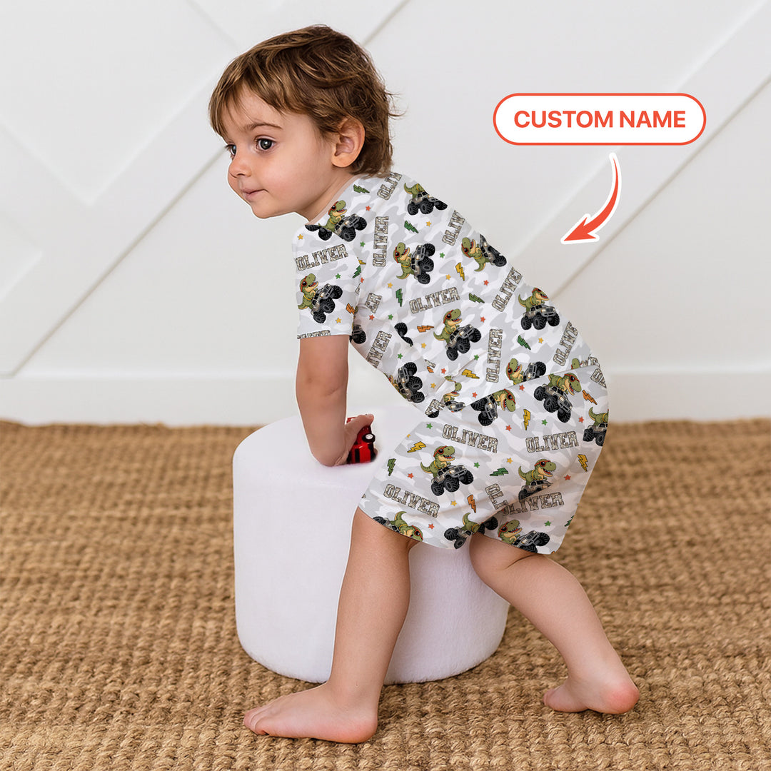 Custom Name Camo Trucker Dino Two Piece Short Sleeve Shorts Pajama Set