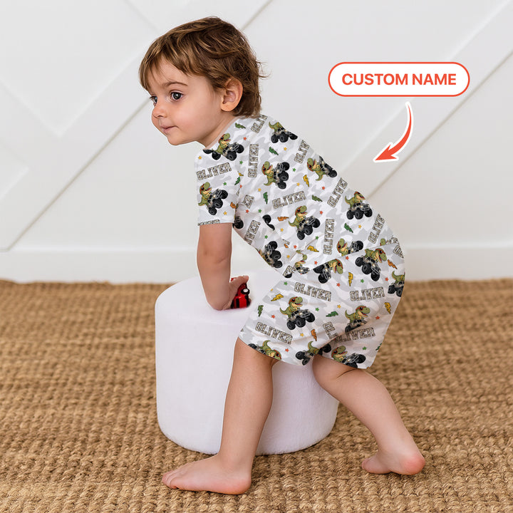 Custom Name Camo Trucker Dino Two Piece Short Sleeve Shorts Pajama Set