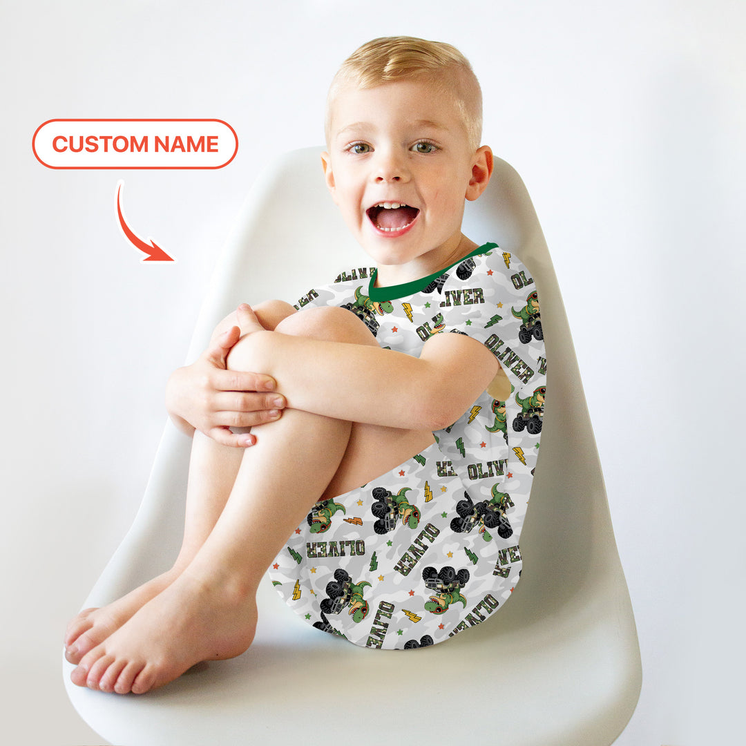 Custom Name Camo Trucker Dino Two Piece Short Sleeve Shorts Pajama Set