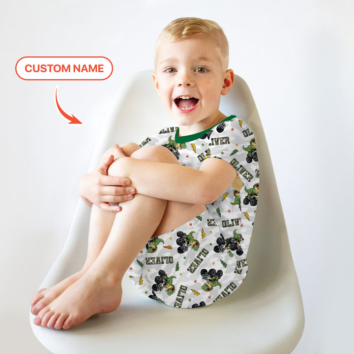 Custom Name Camo Trucker Dino Two Piece Short Sleeve Shorts Pajama Set