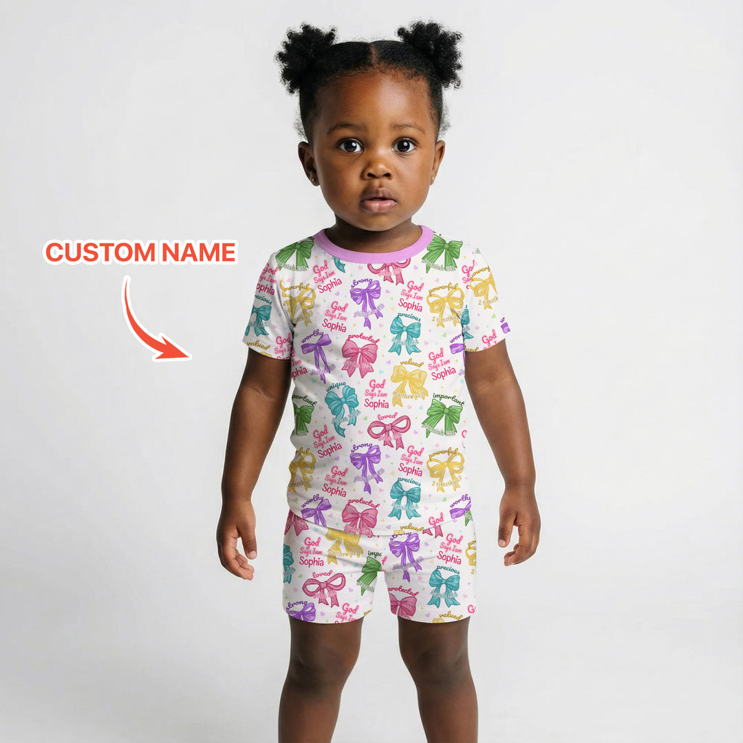God Says I Am Bow Blessings Custom Name Two Piece Short Sleeve Shorts Pajama Set