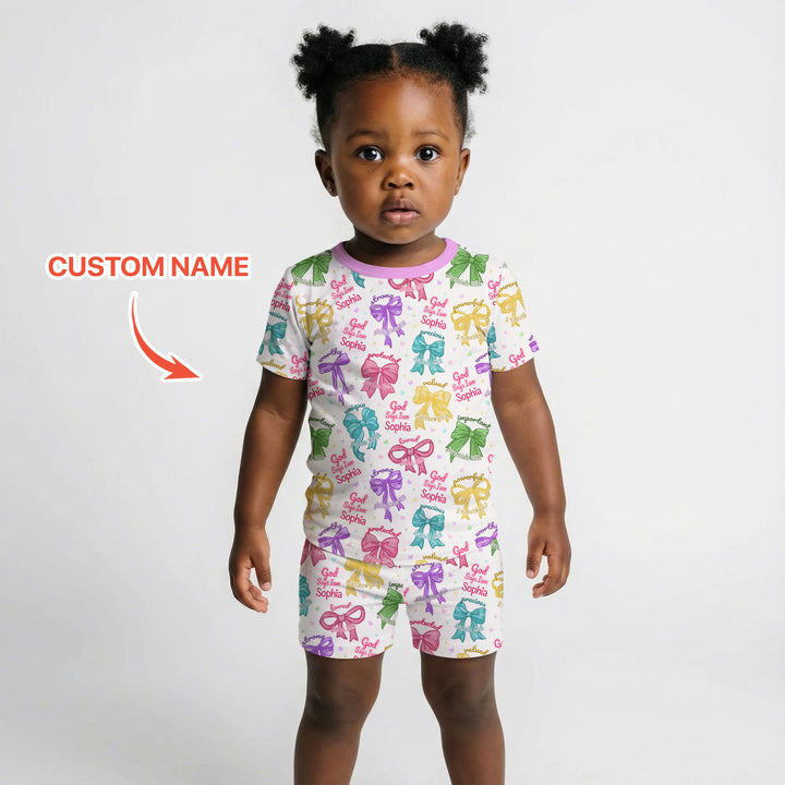 God Says I Am Bow Blessings Custom Name Two Piece Short Sleeve Shorts Pajama Set