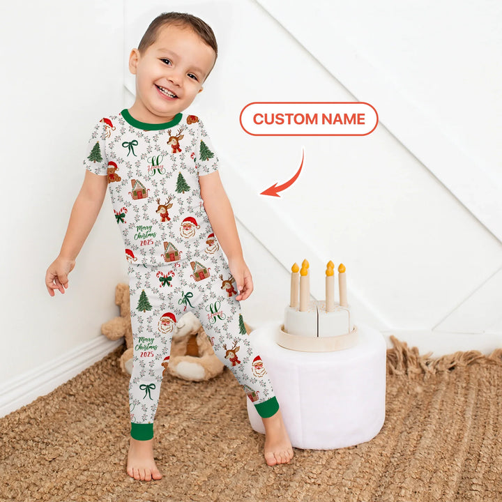 Custom name "Fancy Monogram Green Christmas 2025" Two Piece Short Sleeve Pajama Set