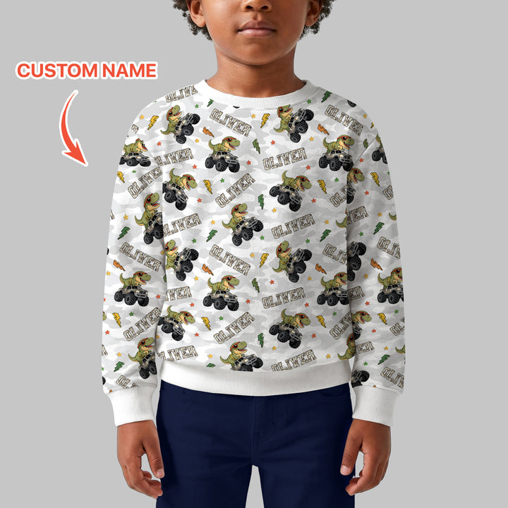 Custom Name Camo Trucker Dino Crewneck Sweatshirt