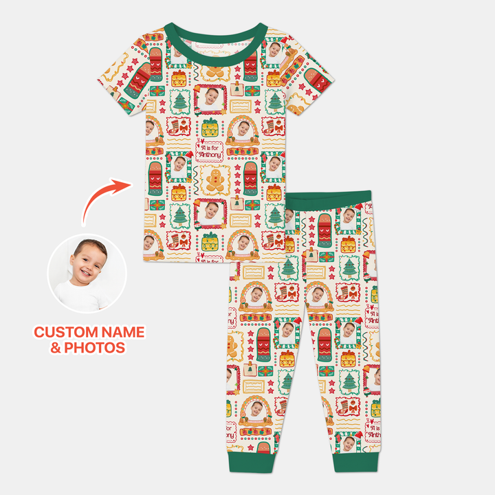 Custom Photo Christmas Frame Custom Name Two Piece Short Sleeve Pajama Set