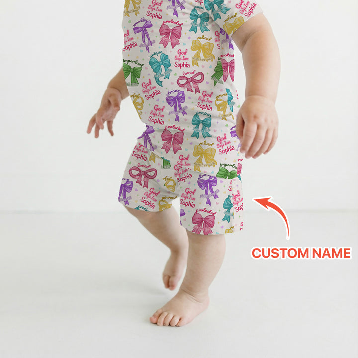 God Says I Am Bow Blessings Custom Name Two Piece Short Sleeve Shorts Pajama Set