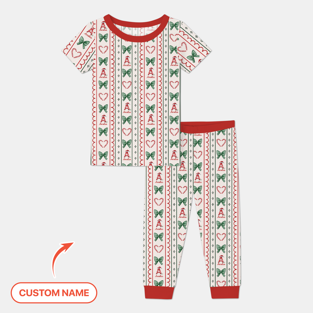 Custom Name Christmas Stripes Two Piece Short Sleeve Pajama Set