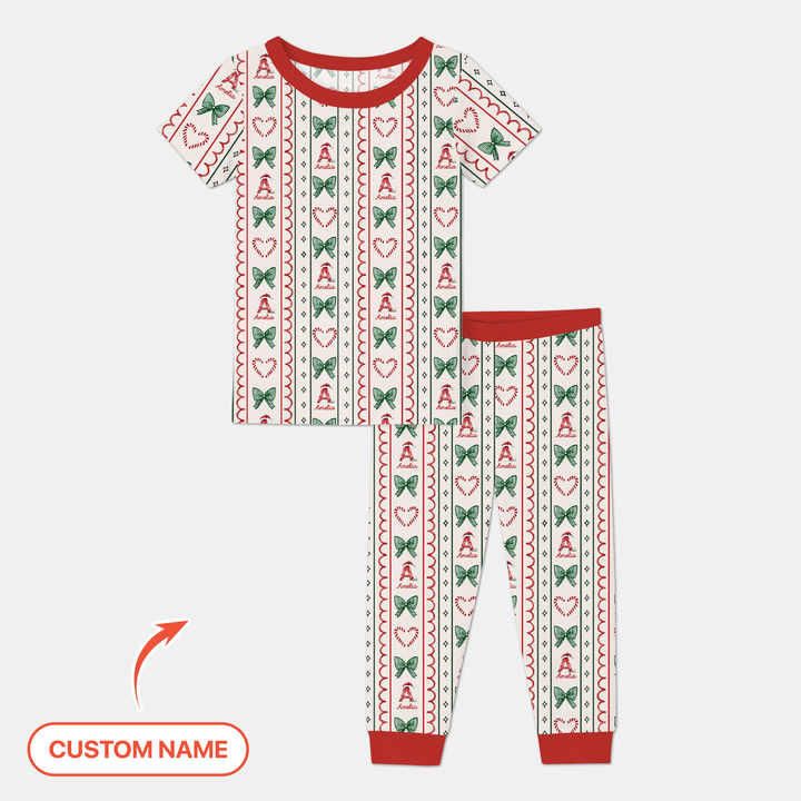 Custom Name Christmas Stripes Two Piece Short Sleeve Pajama Set
