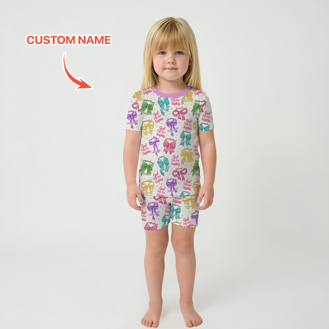 God Says I Am Bow Blessings Custom Name Two Piece Short Sleeve Shorts Pajama Set