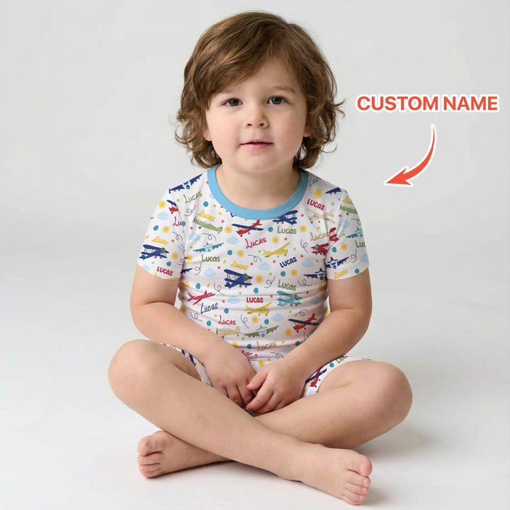 Custom Name Air Transport Two Piece Short Sleeve Shorts Pajama Set