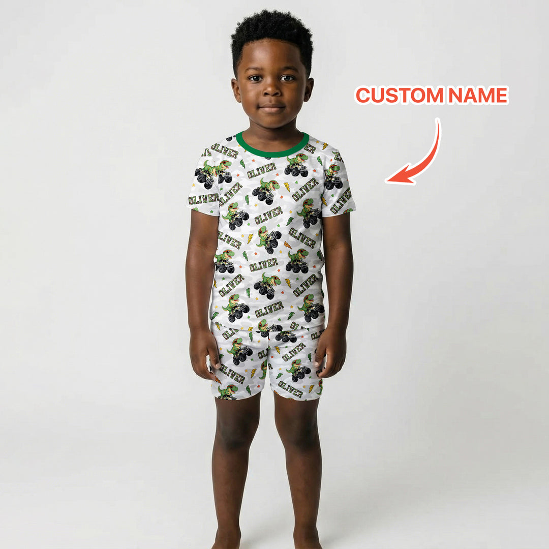 Custom Name Camo Trucker Dino Two Piece Short Sleeve Shorts Pajama Set