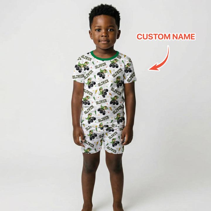 Custom Name Camo Trucker Dino Two Piece Short Sleeve Shorts Pajama Set