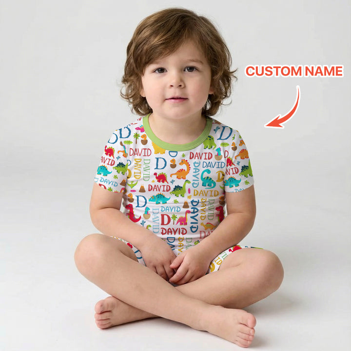 Personalized Fantasy Dinosaur Word Two Piece Short Sleeve Shorts Pajama Set