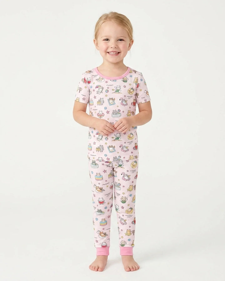 Kawaii Cats Summer Vacation Bamboo Two Piece Short Sleeve Pajama Set